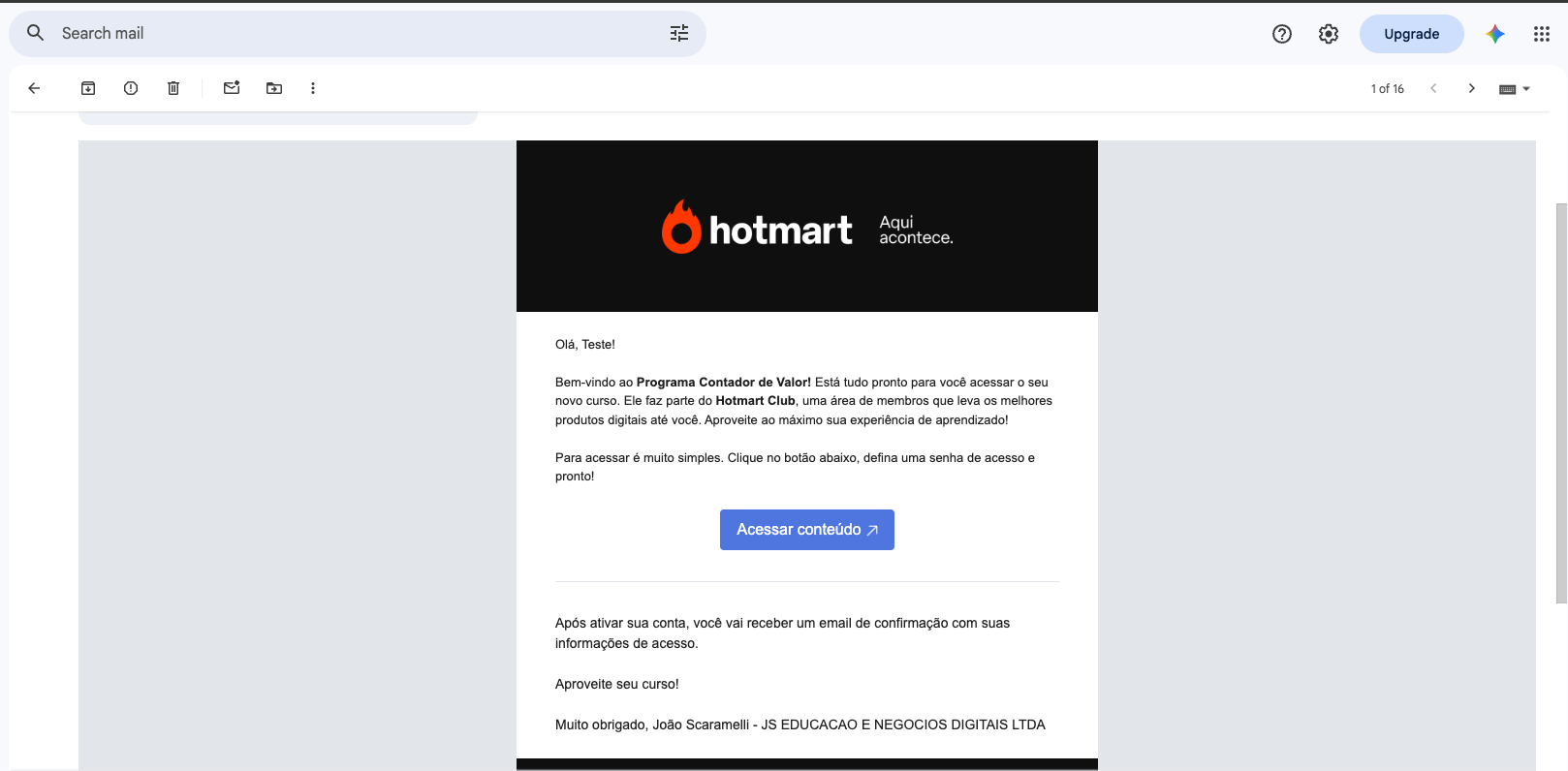 Print do e-mail com botão de acessar conteúdo